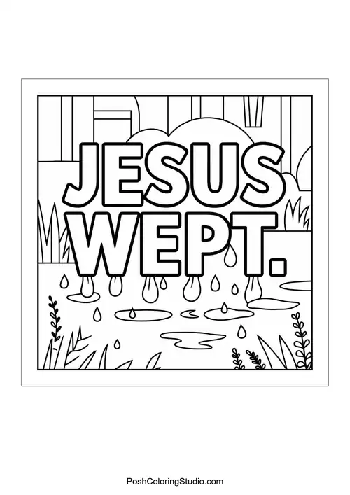 A serene pond with the words 'Jesus Wept.' above it.