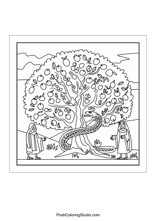 A tree with a serpent and two figures.