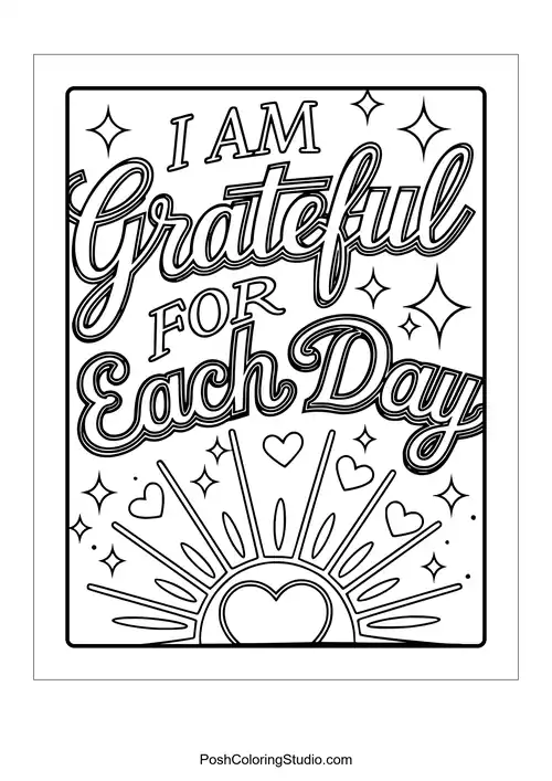 A sun rising behind the phrase 'I am grateful for each day.'.