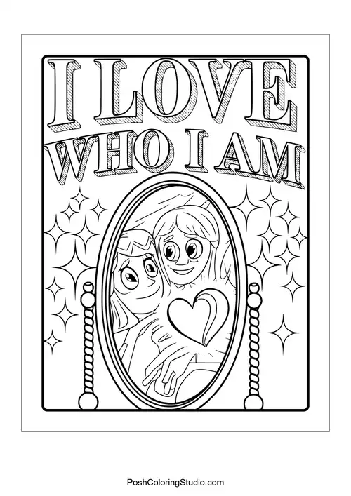 A mirror reflecting two figures with the phrase 'I love who I am.'.