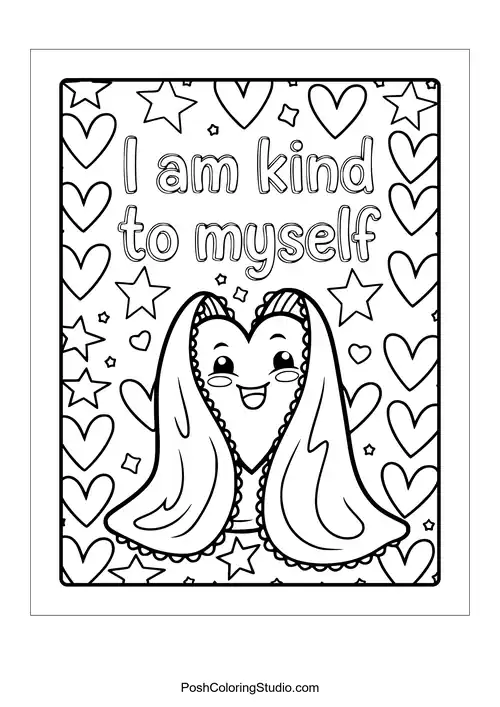 A smiling character with the phrase 'I am kind to myself.'.