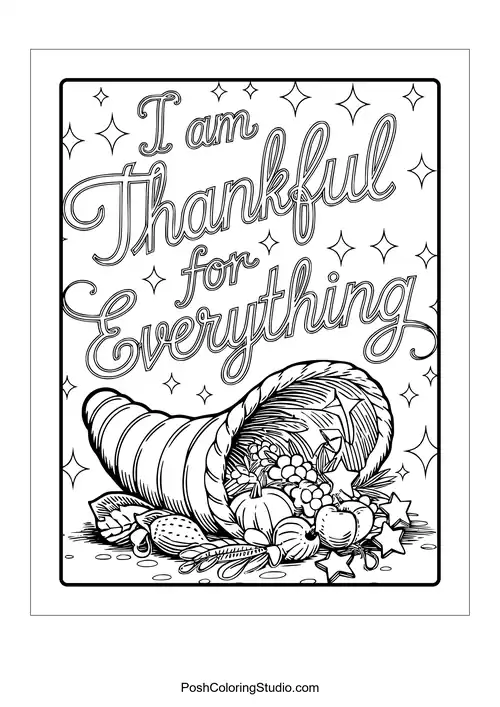 A cornucopia filled with fruits and the phrase 'I am thankful for everything.'.