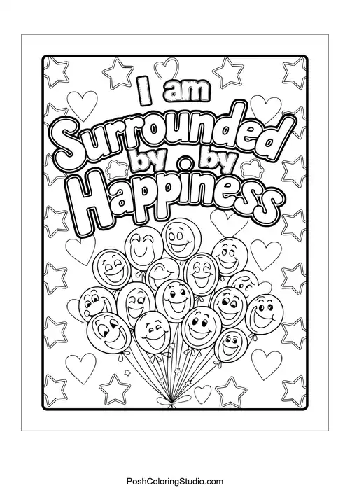Balloons with smiling faces and the phrase 'I am surrounded by happiness.'.
