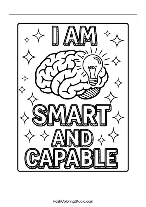 A brain with a light bulb and the phrase 'I am smart and capable.'.