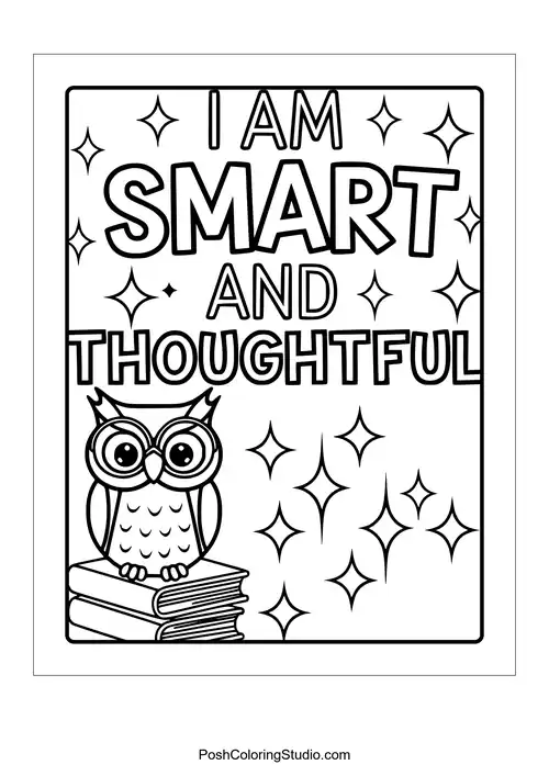 An owl on books with the phrase 'I am smart and thoughtful.'.