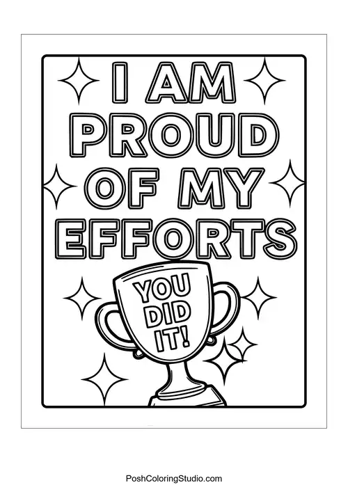 A trophy with the phrase 'I am proud of my efforts.'.