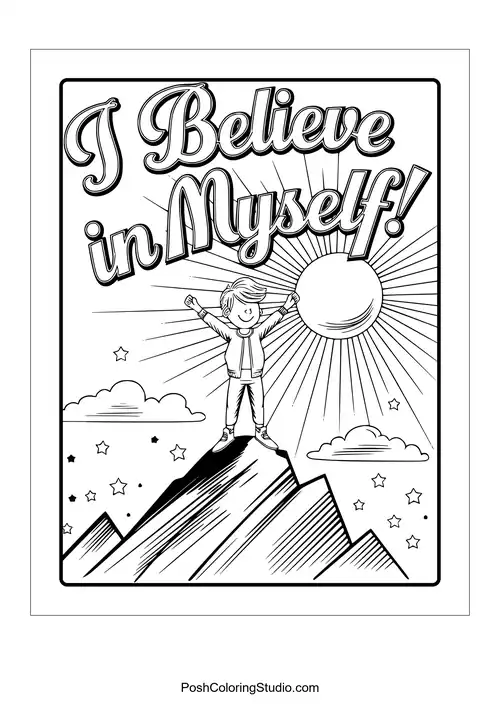 A child on a mountain with the phrase 'I believe in myself!'.