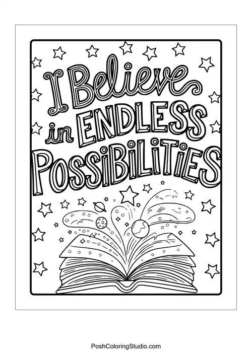 An open book with stars and the phrase 'I believe in endless possibilities.'.