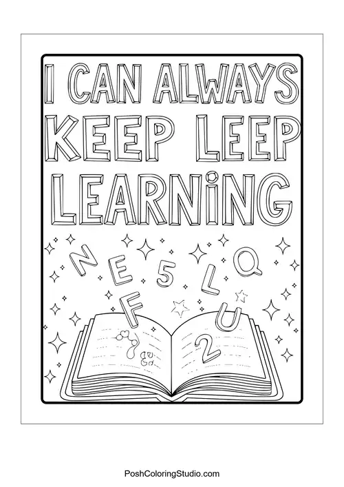 An open book with letters and the phrase 'I can always keep learning.'.