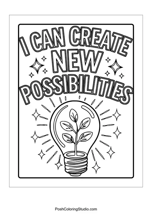 A light bulb with a plant and the phrase 'I can create new possibilities.'.