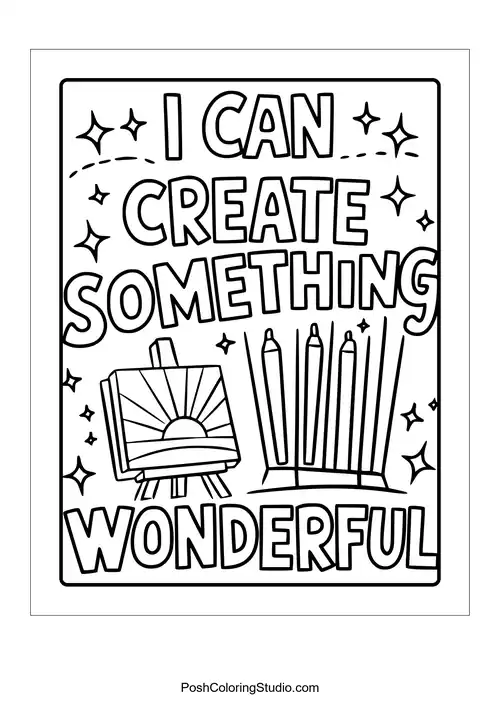 An easel and pencils with the phrase 'I can create something wonderful.'.
