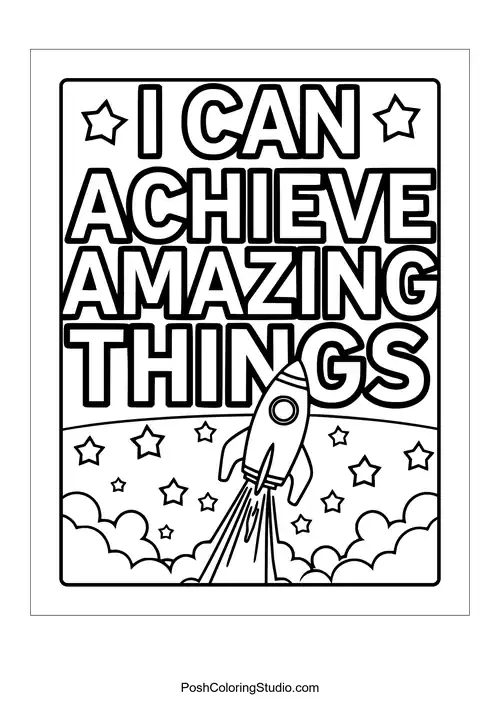 A rocket with the phrase 'I can achieve amazing things.'.