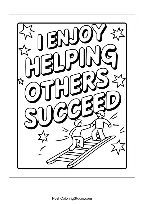 Two figures helping each other with the phrase 'I enjoy helping others succeed.'.