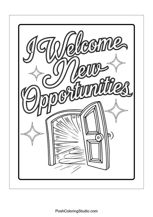 An open door with the phrase 'I welcome new opportunities.'.