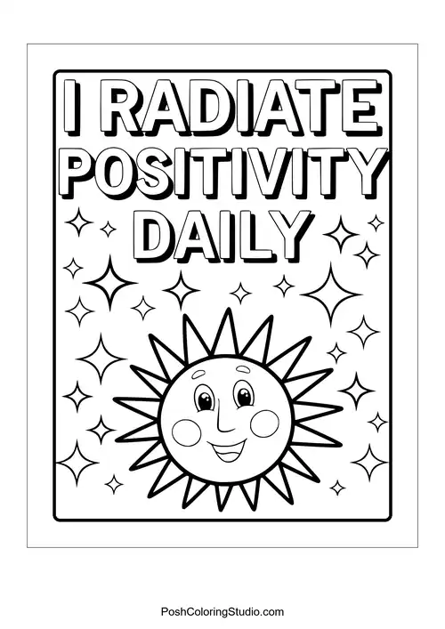 A smiling sun with the phrase 'I radiate positivity daily.'.