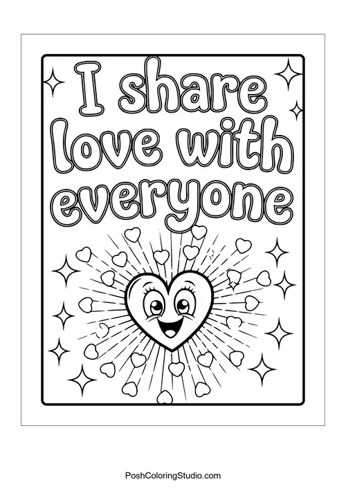 A heart with rays and the phrase 'I share love with everyone.'.