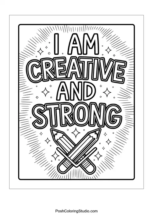Crossed pencils with the phrase 'I am creative and strong.'.