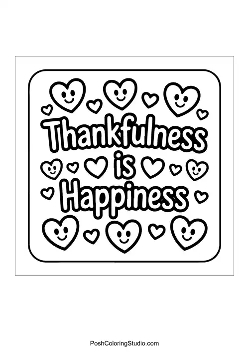 A square design stating 'Thankfulness is Happiness.'.