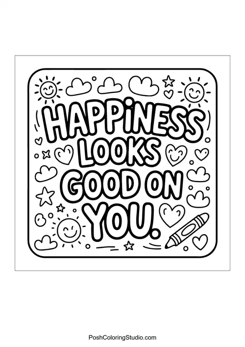 A square design featuring 'Happiness Looks Good on You.'.