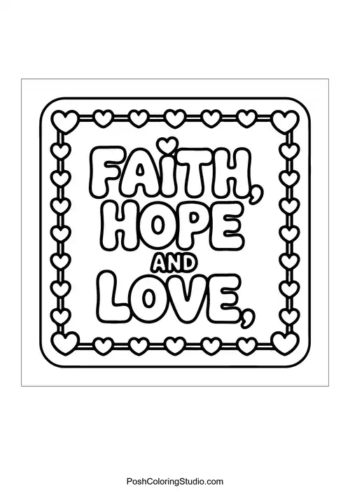 A square design featuring 'Faith, Hope, and Love.'.