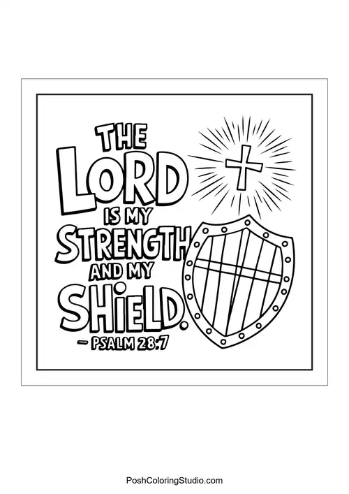 A shield and cross with the phrase 'The Lord is my strength and my shield.'.