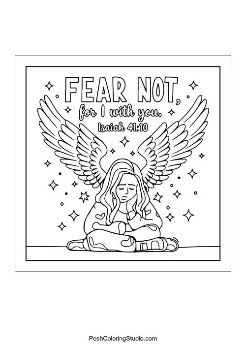 An angel with wings sitting and the text 'Fear not, for I with you.'.