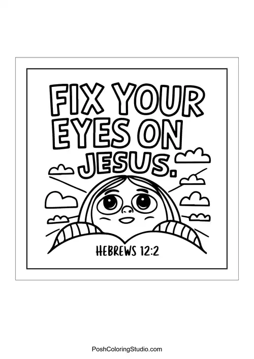 A rainbow with clouds and the phrase 'Fix your eyes on Jesus.'.