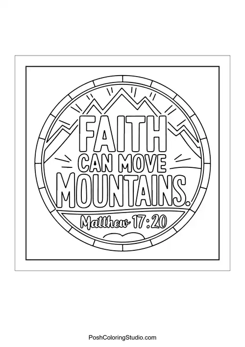 A circular design with mountains and the text 'Faith can move mountains.'.