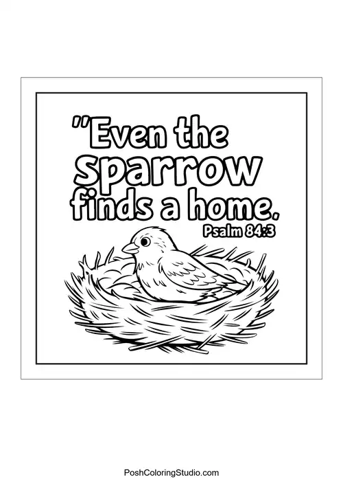 A bird in a nest with the phrase 'Even the sparrow finds a home.'.
