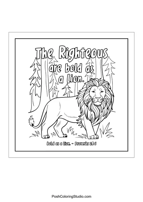 A lion in a forest with the phrase 'The Righteous are bold as a lion.'.