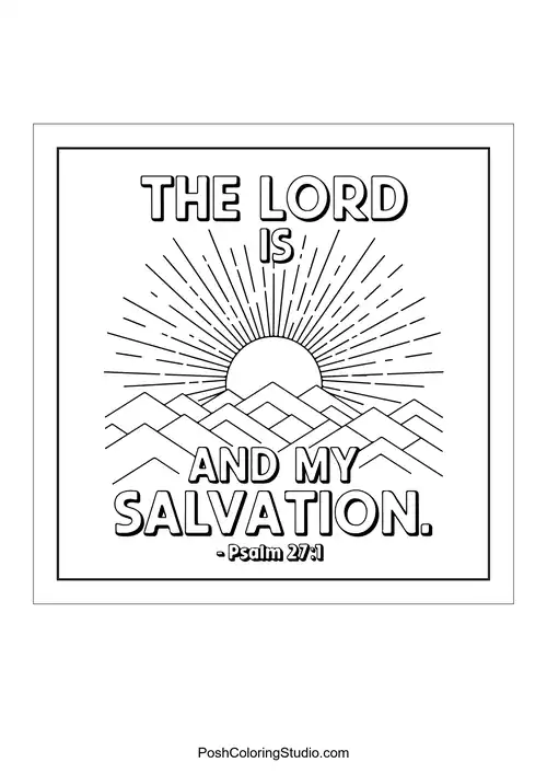 A rising sun behind mountains with the phrase 'The Lord is my salvation.'.