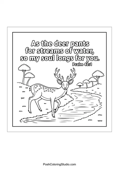 A deer by a stream with the phrase 'As the deer pants for streams of water.'.
