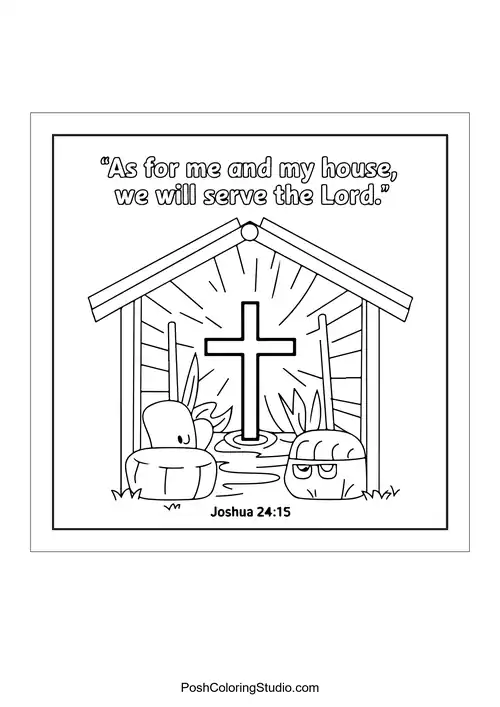 A cross in a stable with the text 'As for me and my house, we will serve the Lord.'.