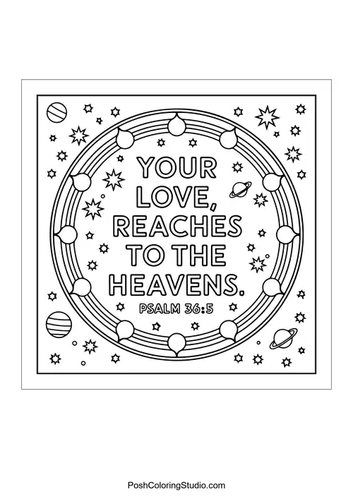 A circular design with planets and the phrase 'Your love reaches to the heavens.'.