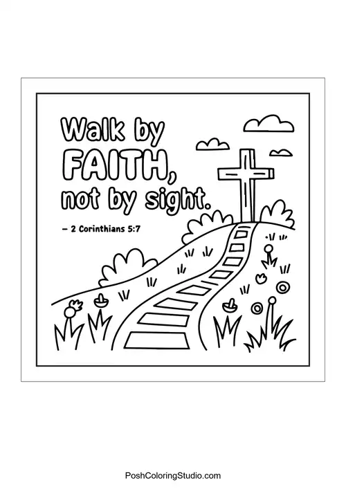A path leading to a cross with the text 'Walk by faith, not by sight.'.