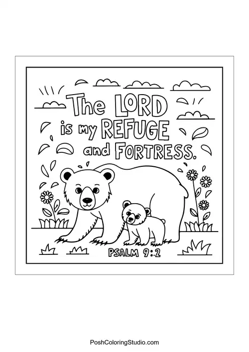 A bear and cub with the phrase 'The Lord is my refuge and fortress.'.