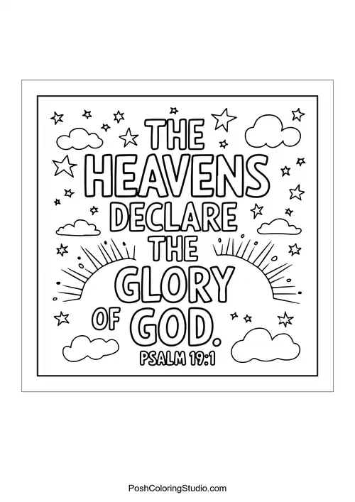 A sun and clouds with the text 'The heavens declare the glory of God.'.