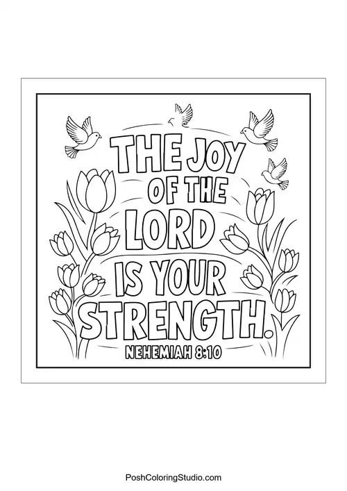Tulips surrounding the phrase 'The joy of the Lord is your strength.'.