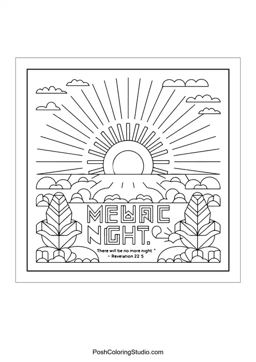 A sun setting over clouds with the text 'There will be no more night.'.