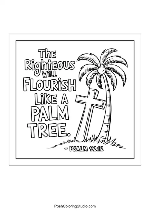 A palm tree and cross with the text 'The Righteous will flourish.'.
