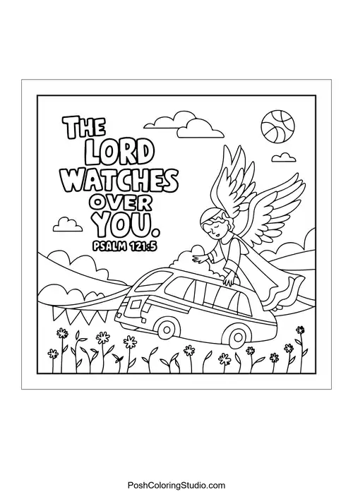 An angel watching over a car with the phrase 'The Lord watches over you.'.
