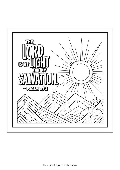 Geometric mountains with the text 'The Lord is my light and my salvation.'.