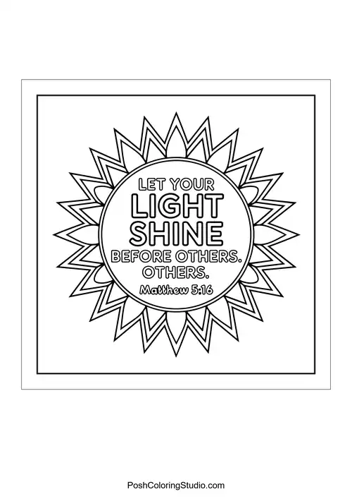 A sunburst design with the phrase 'Let your light shine before others.'.