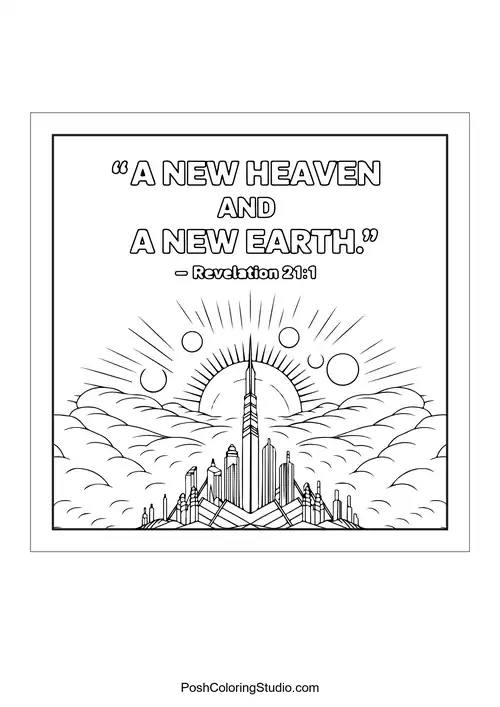 A city skyline with clouds and the phrase 'A new heaven and a new earth.'.