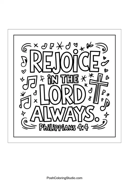A joyful design with the phrase 'Rejoice in the Lord always.'.