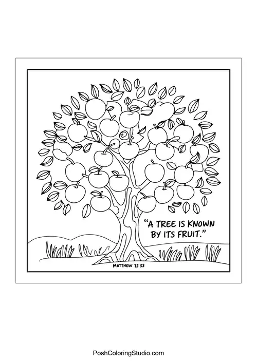 An apple tree with the text 'A tree is known by its fruit.'.