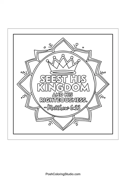 A circular design with a crown and the phrase 'Seek His kingdom.'.
