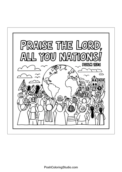 A globe surrounded by people with the phrase 'Praise the Lord, all you nations.'.
