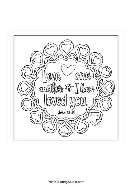 A heart design with the phrase 'Love one another as I have loved you.'.
