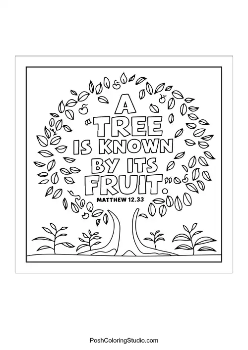A tree with leaves and the text 'A tree is known by its fruit.'.